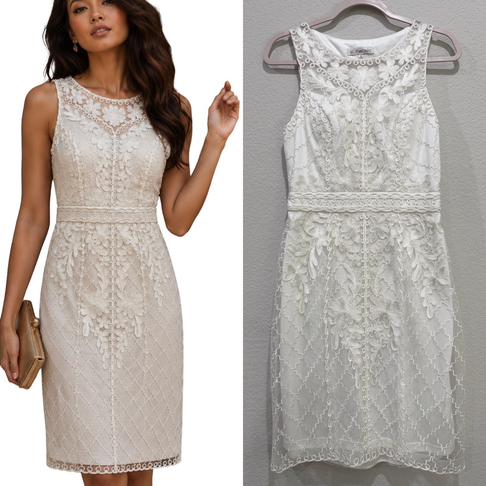 Sue Wong Embroidered Dress Floral Lace White Ivory Small Size 6 Bridal Wedding